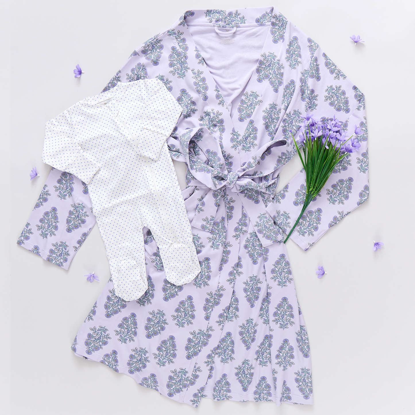 Womens Organic Robe - Lavender Bouquet Floral Blockprint