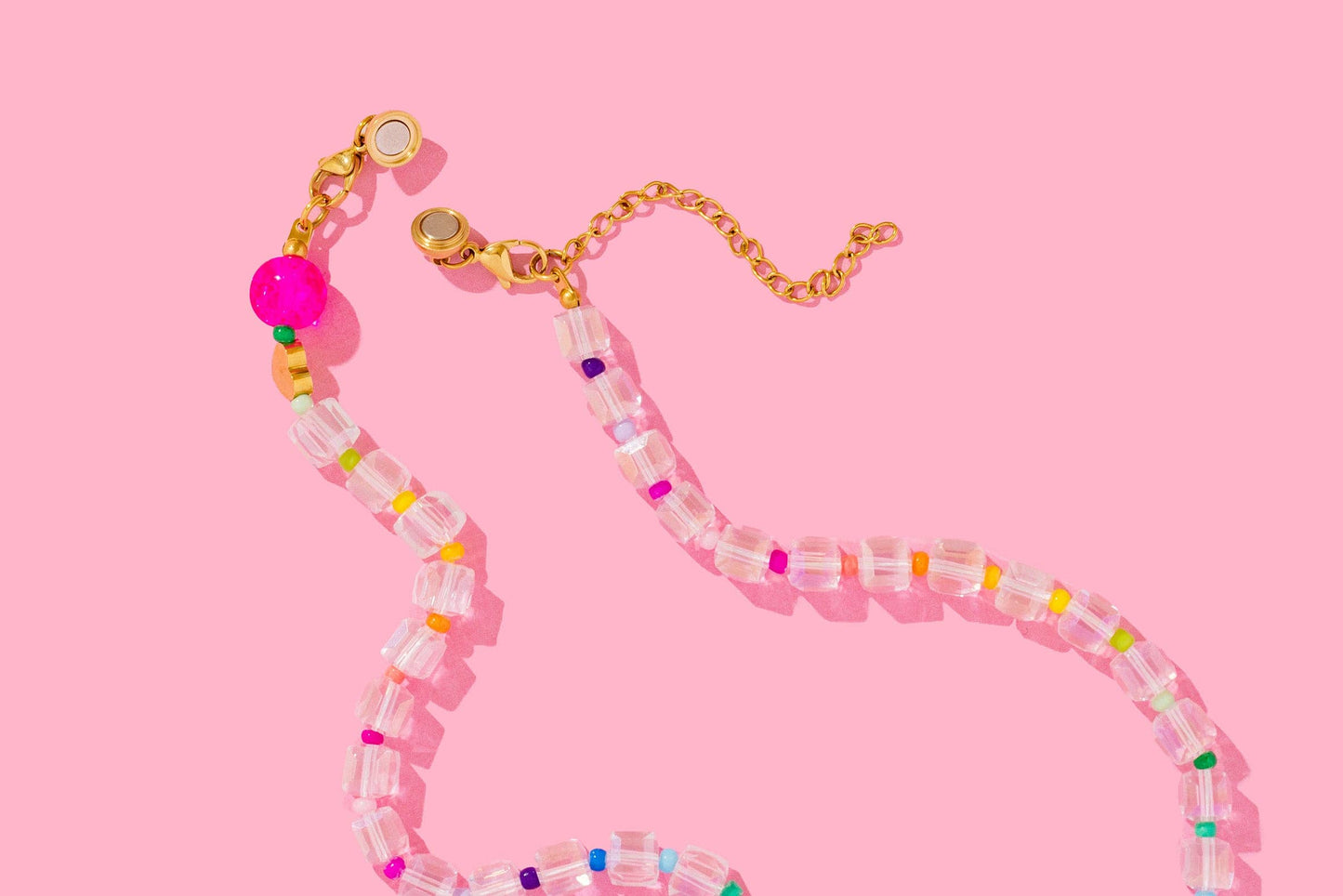 Lottie Beaded Necklace - Pink + Multi-Color w/Dangle Heart