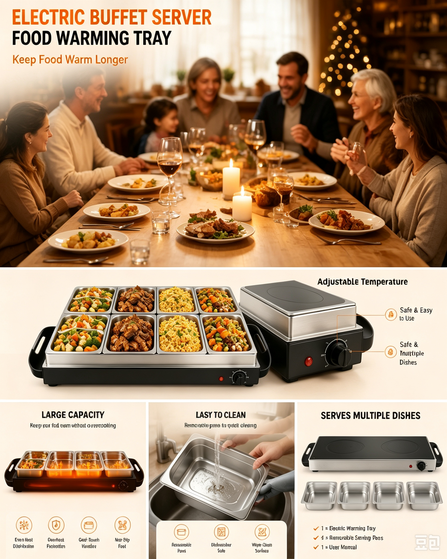 Electric Buffet Server & Food Warmer Tray with Adjustable Temperature Control