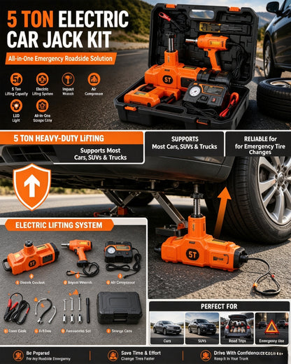 5-Ton Electric Car Jack Kit | Emergency Roadside Tire Change Tool With Impact Wrench