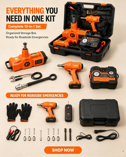 5-Ton Electric Car Jack Kit | Emergency Roadside Tire Change Tool With Impact Wrench