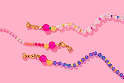 Lottie Beaded Necklace - Pink + Multi-Color w/Dangle Heart