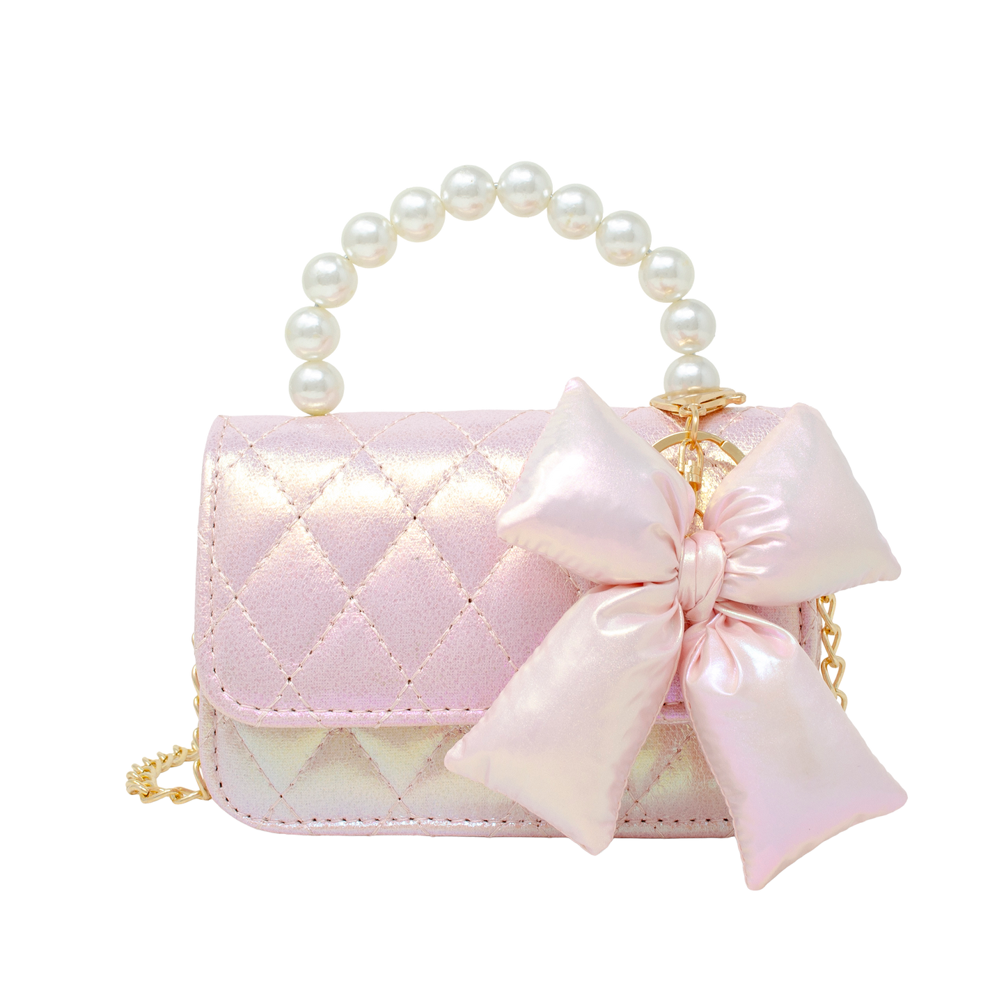 Shiny Quilted Fluffy Bow Handbag - Pink