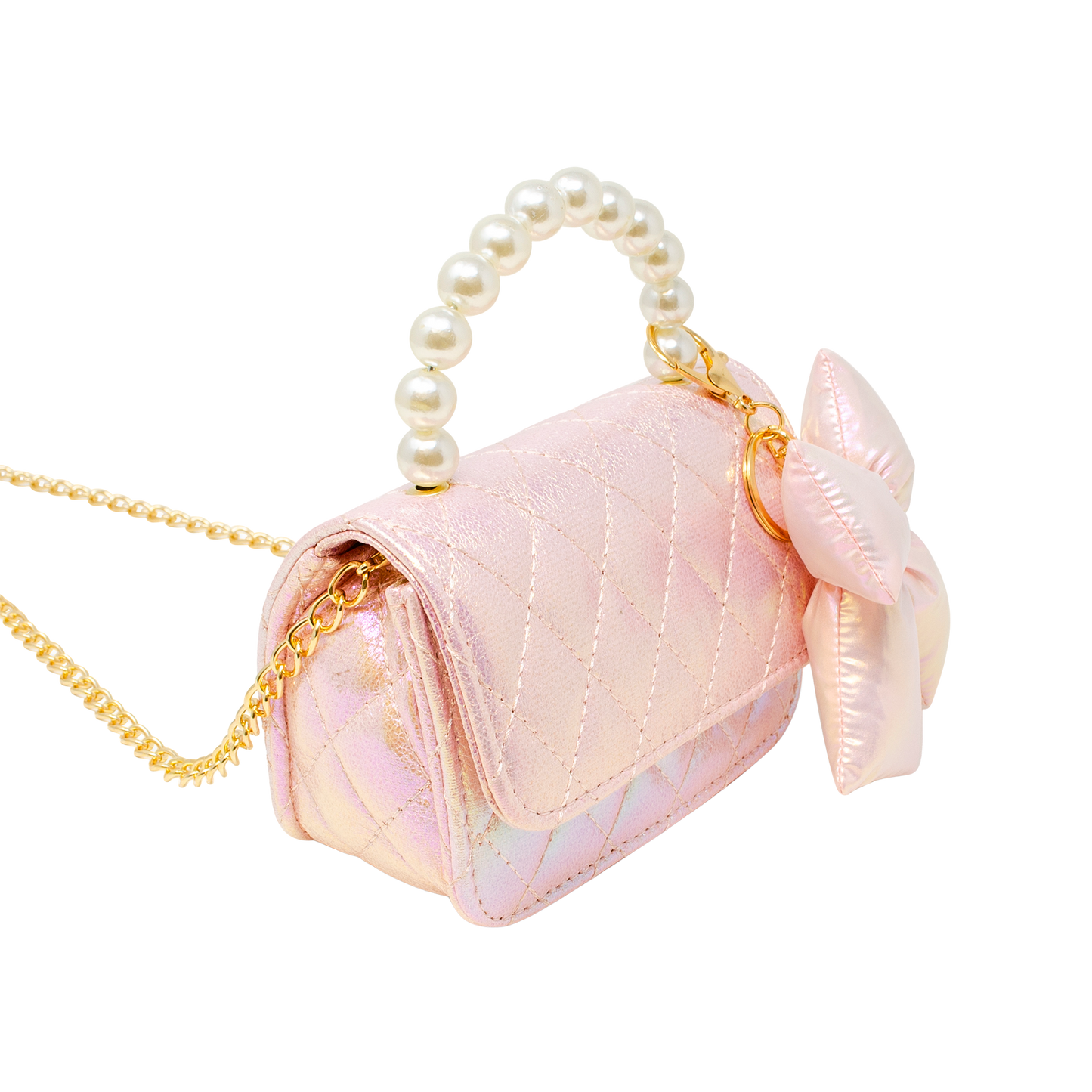 Shiny Quilted Fluffy Bow Handbag - Pink