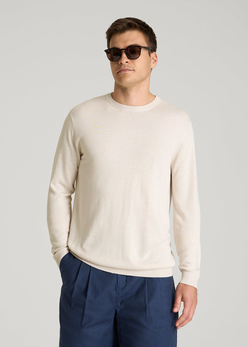 Linen Blend Lightweight Sweater for Tall Men in White Sand