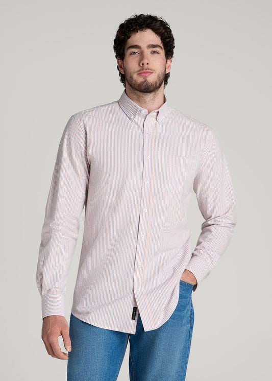 Washed Oxford Shirt for Tall Men in Apricot and Blue Multi Stripe