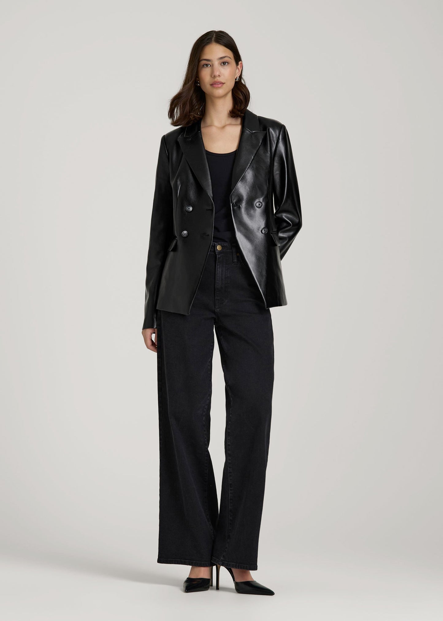True Touch Leather Double Breasted Blazer for Tall Women in Black