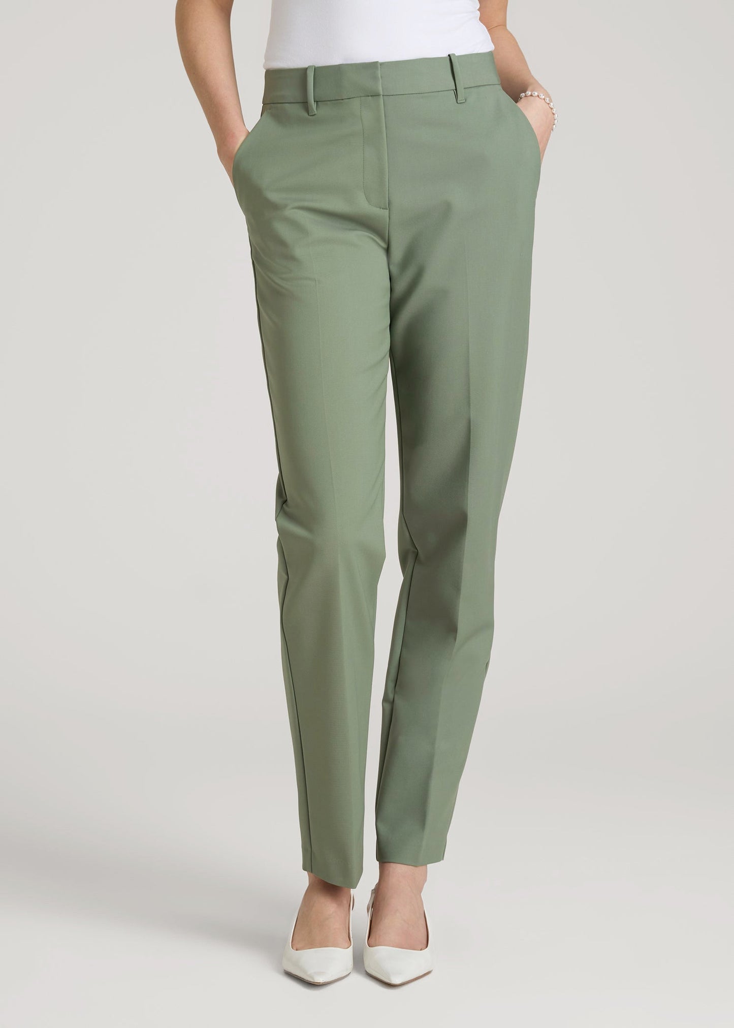 Flat Front Tapered Dress Pants for Tall Women in Dark Seagrass