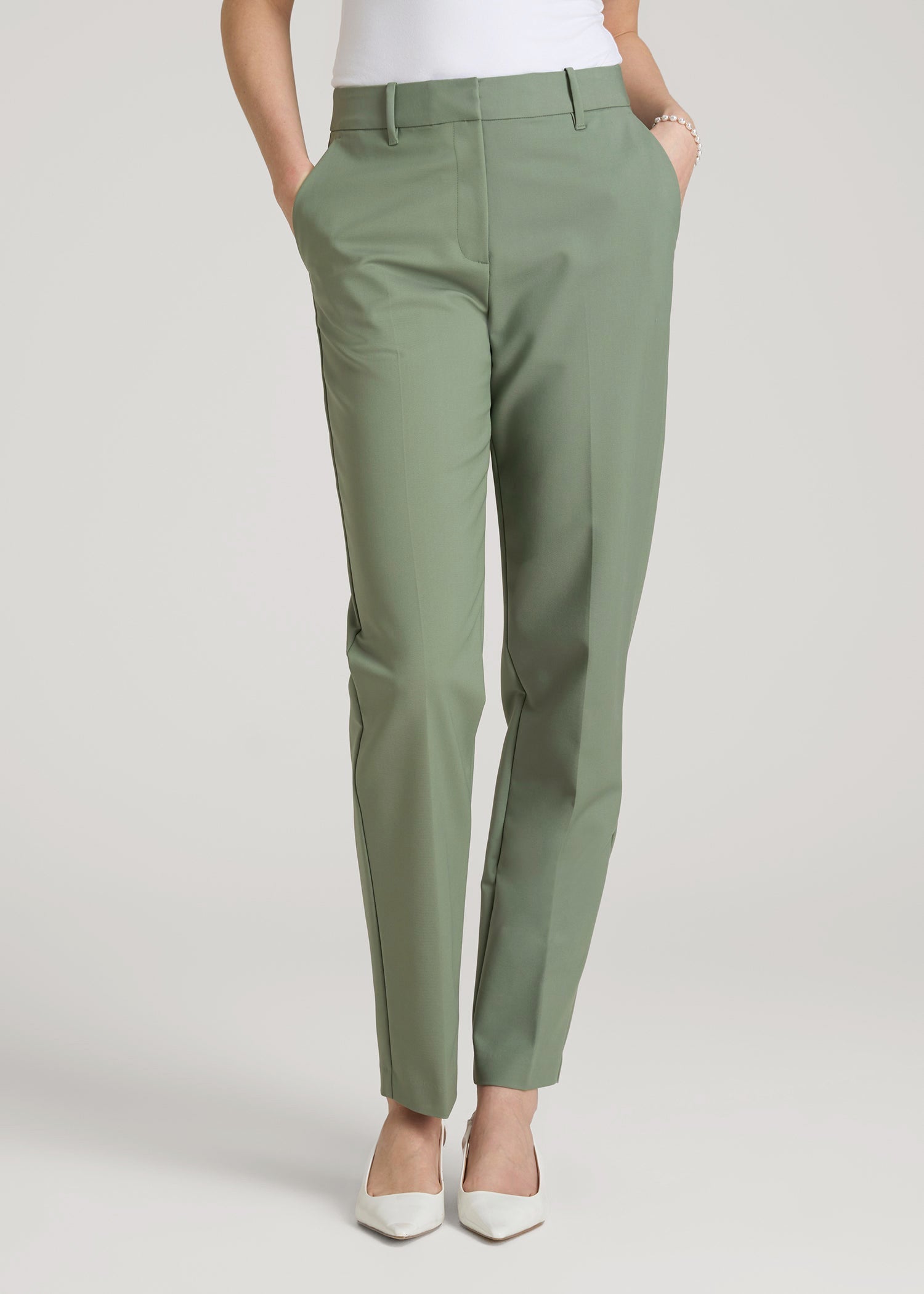 Flat Front Tapered Dress Pants for Tall Women in Dark Seagrass