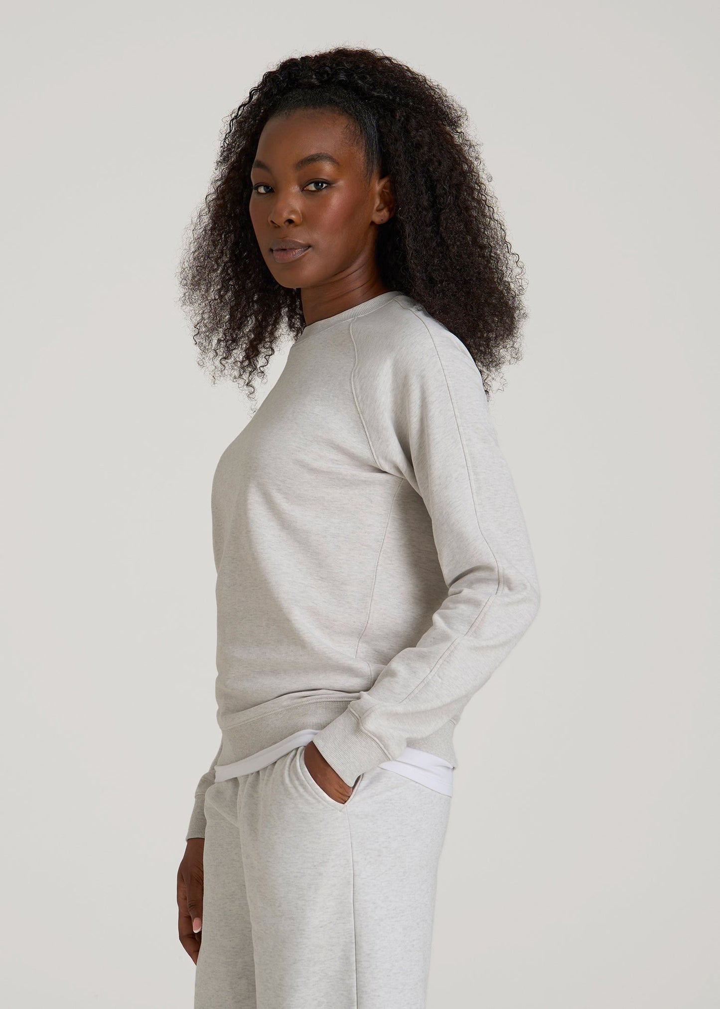 French Terry Crewneck Sweatshirt for Tall Women in Heather Cloud White