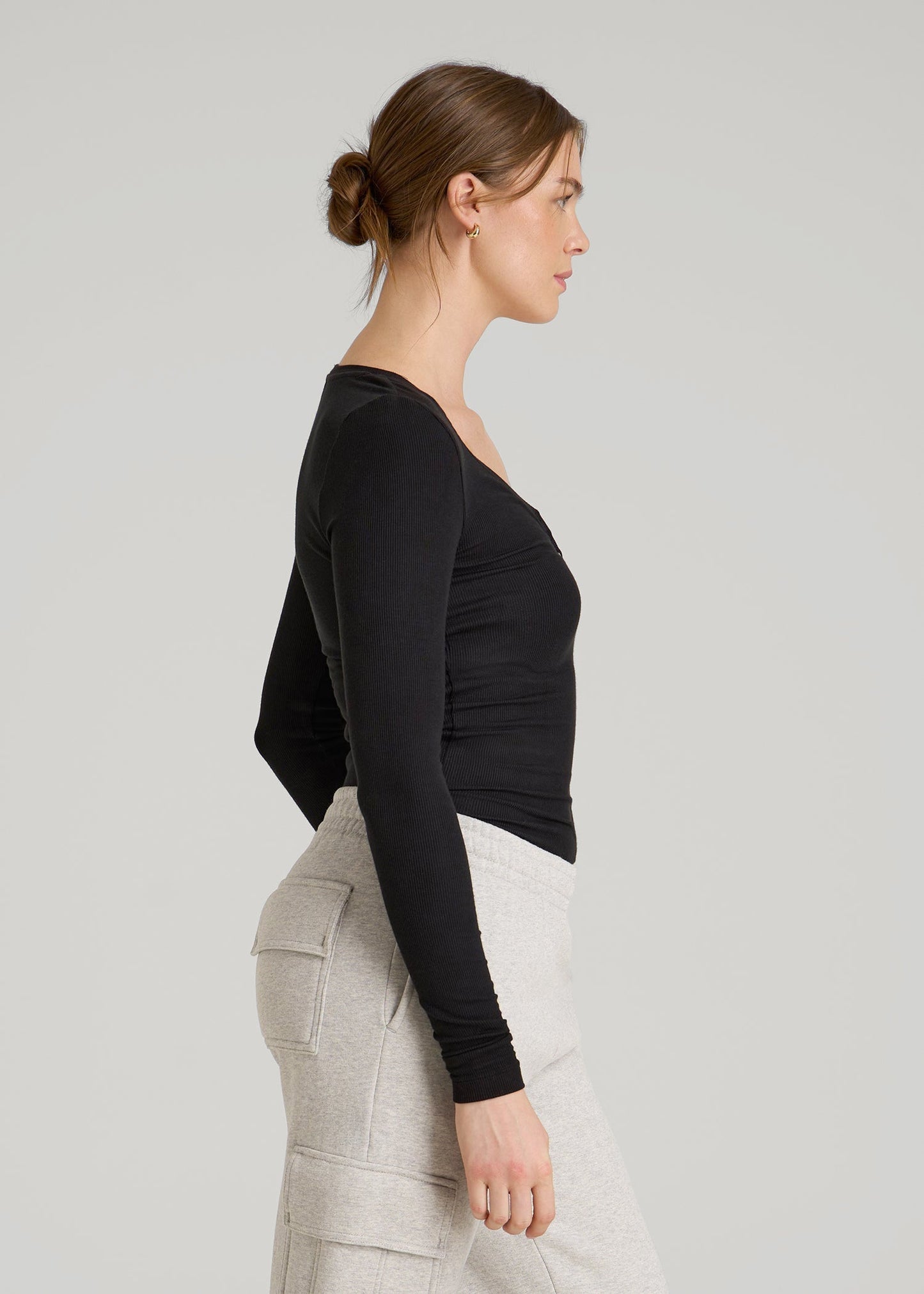 Fitted Ribbed Long Sleeve Henley for Tall Women in Black