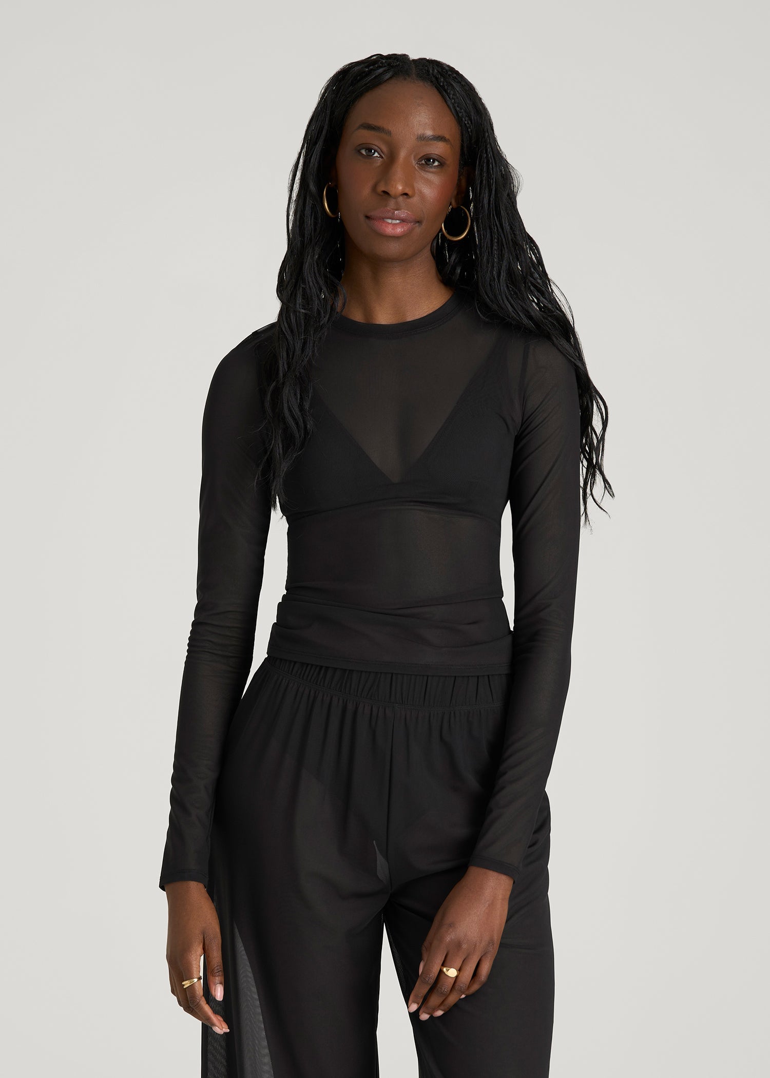 Power Mesh Fitted Long Sleeve Top for Tall Women in Deep Black