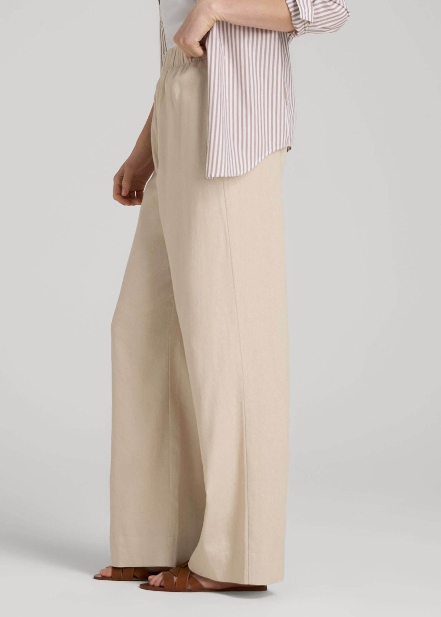 Pull On Wide Leg Linen Pants for Tall Women in Light Stone
