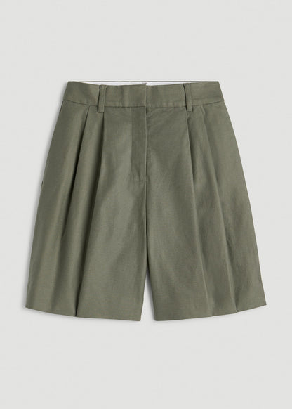 Stretch Cotton Linen Blend Pleated Shorts for Tall Women in Olive