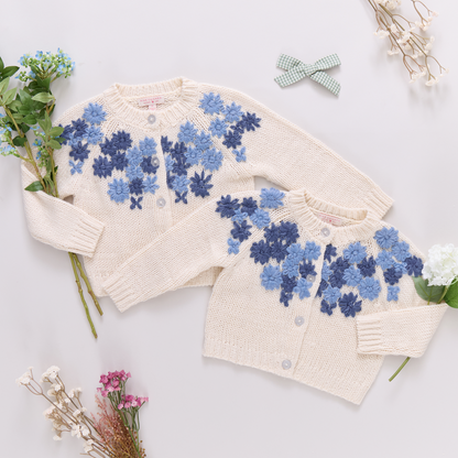 Girls Blossom Sweater - Blue Embroidery Flowers