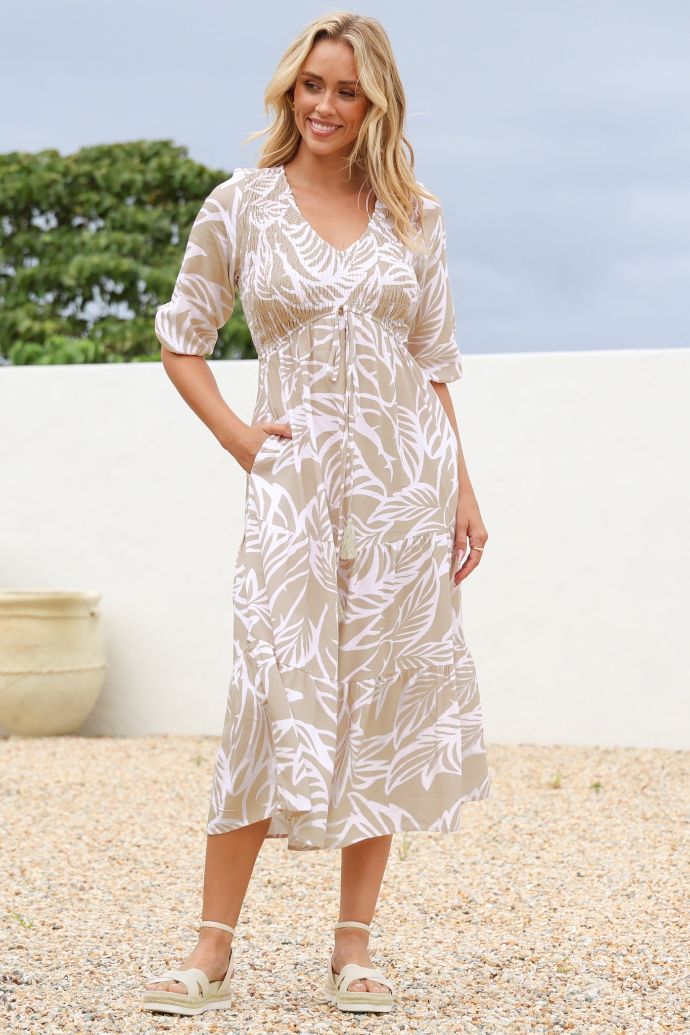 Jaden Midi Dress - Elasticated Bodice A-Line Dress in Jeani Print Beige