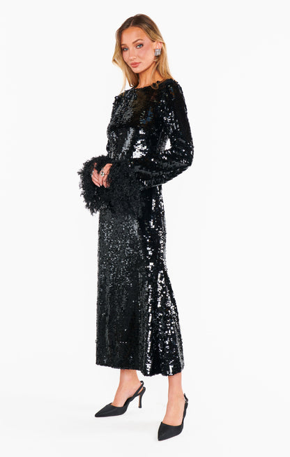 Priscilla Dress ~ Black Sequins with Fringe