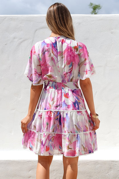 Nessie Mini Dress - Lace Trim Tiered Dress with Flutter Sleeves in Calliope Print Pink