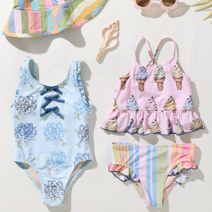 Girls Sylvie Bow Suit - Blue Quilt Floral