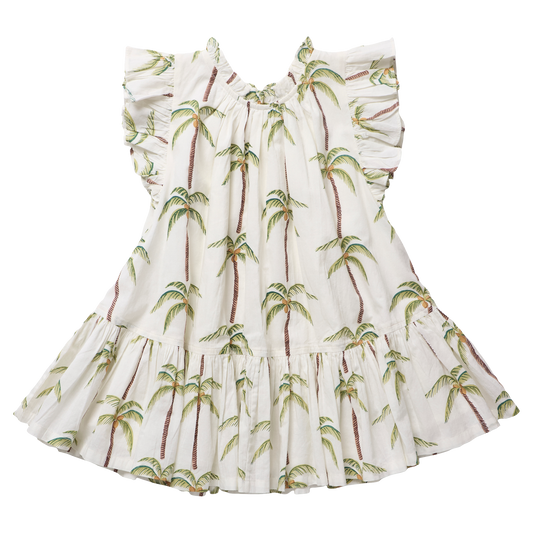Girls Harper Dress - Cream Palm Trees