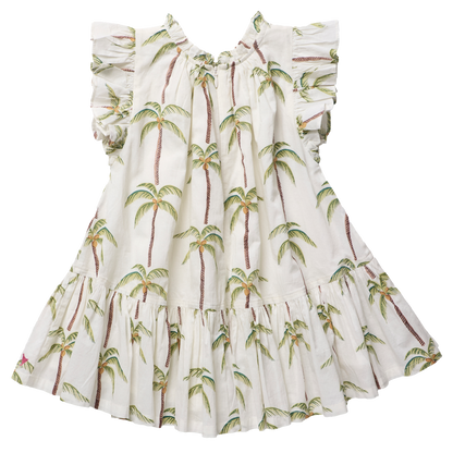 Girls Harper Dress - Cream Palm Trees