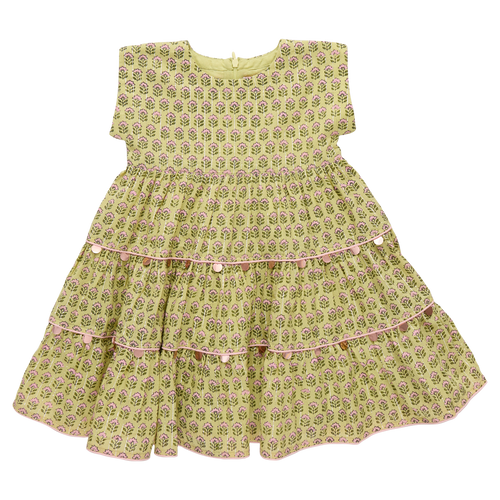 Girls Peachy Dress - Green Prairie Block Print