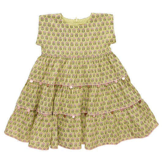 Girls Peachy Dress - Green Prairie Block Print