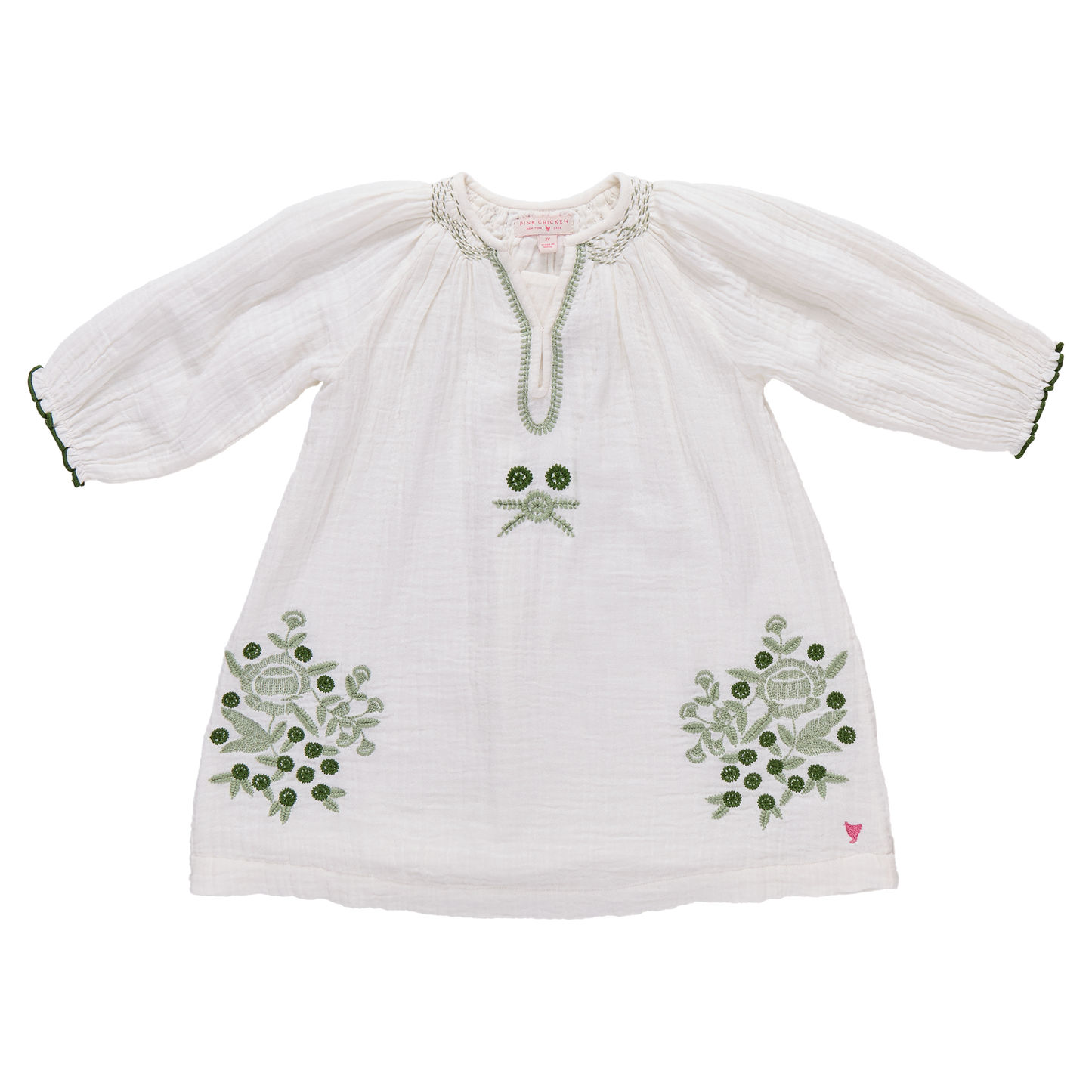 Girls Ava Dress - Green Embroidery