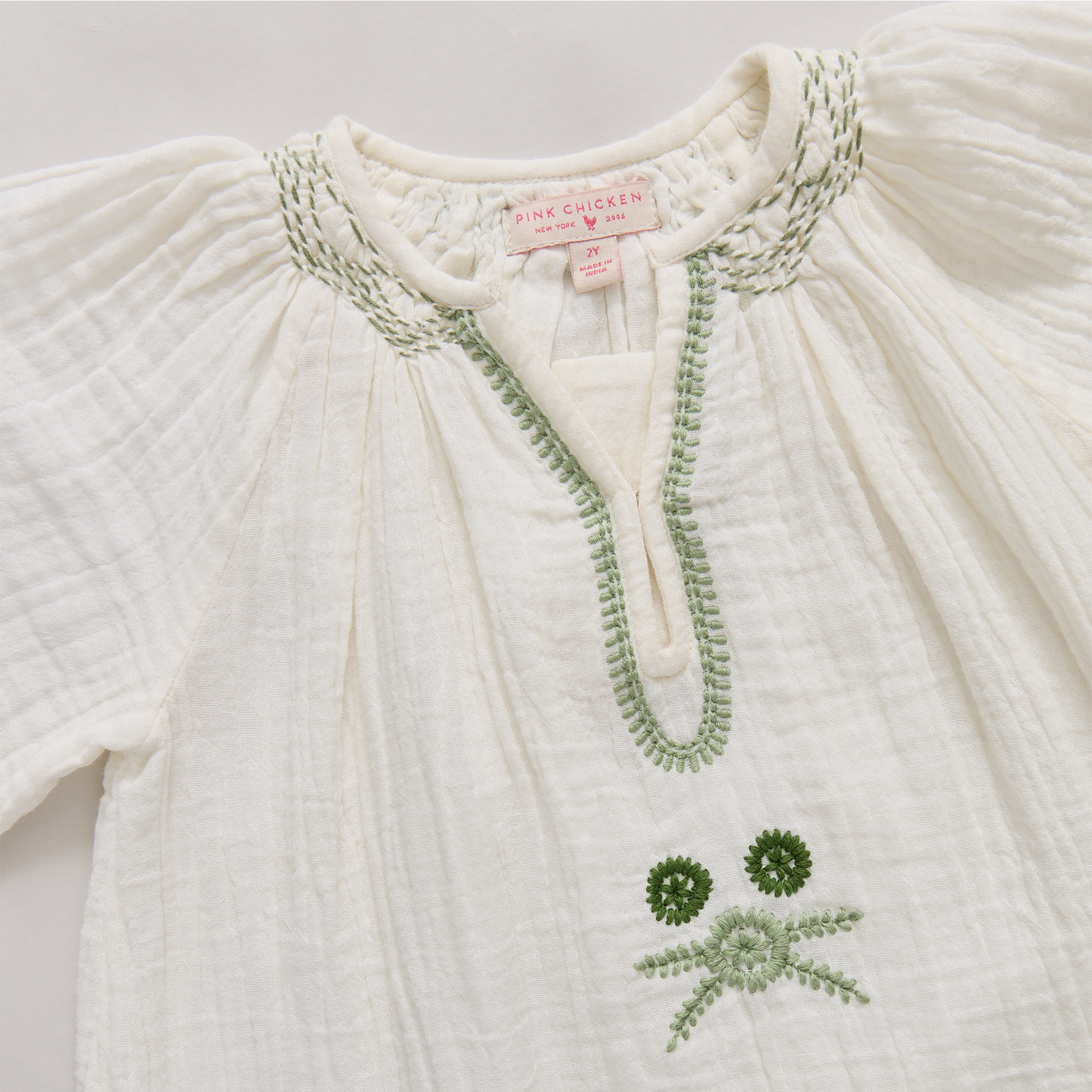 Girls Ava Dress - Green Embroidery