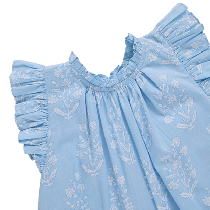 Girls Harper Dress - Blue Dewdrop Block Print