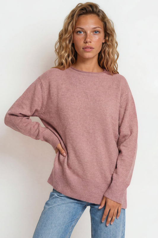 Willow Jumper - Crew Neck Batwing Sleeve Ribbed Step Hemline Knit in Pink