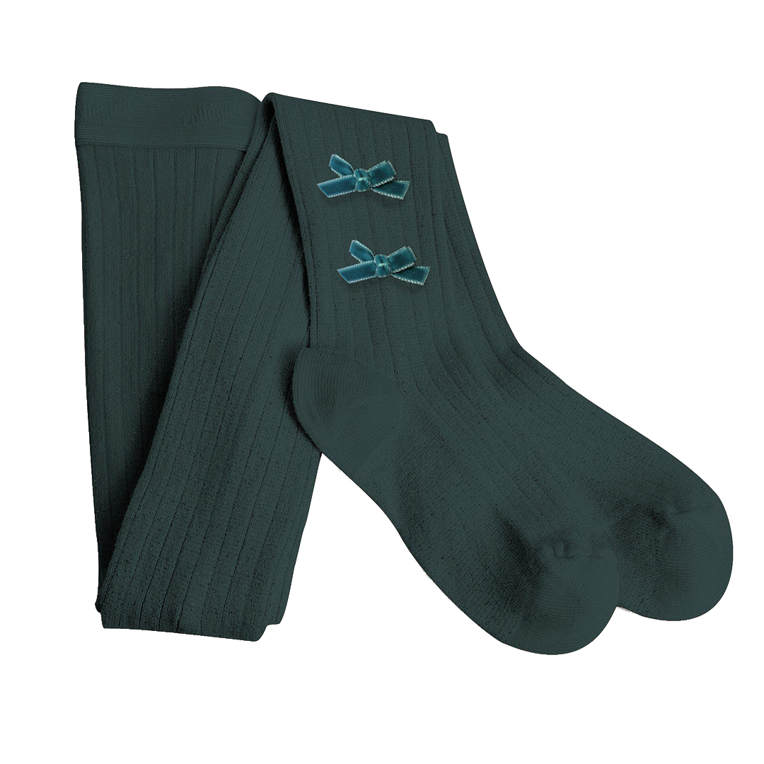 Velvet Bow Tights - Evergreen