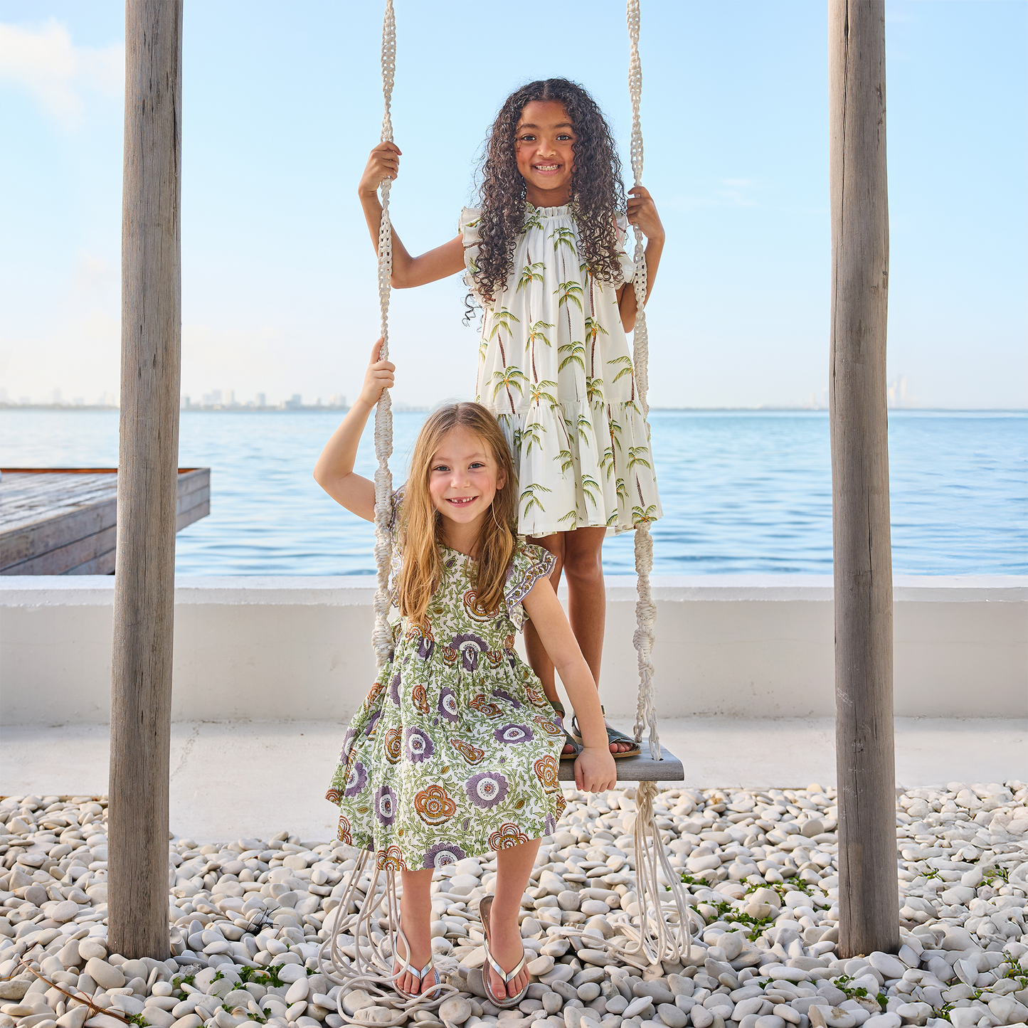Girls Harper Dress - Cream Palm Trees