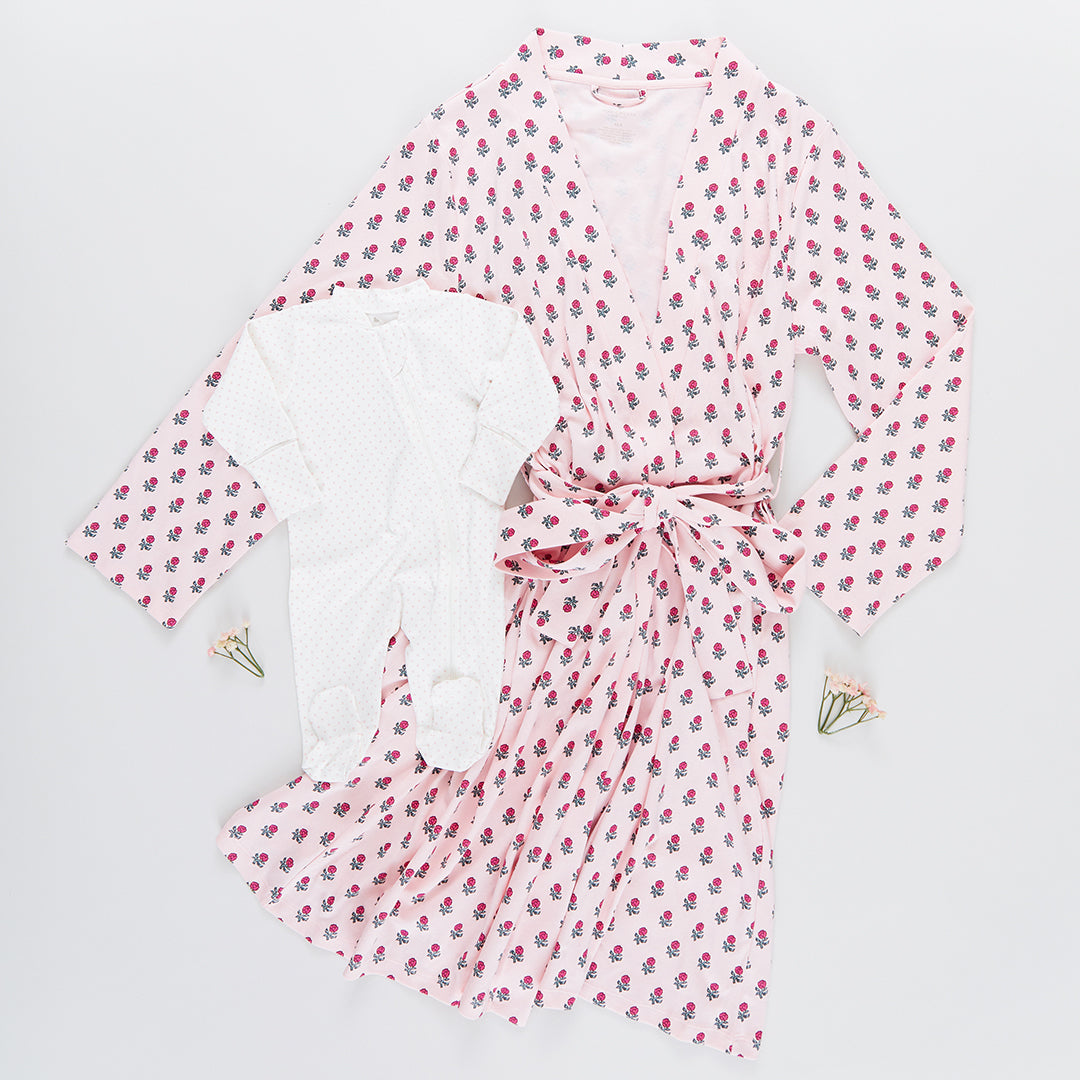 Womens Organic Robe - Pink Tiny Flower Block Print