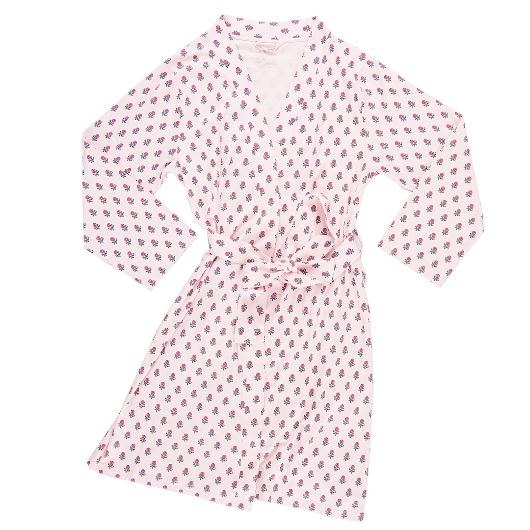 Womens Organic Robe - Pink Tiny Flower Block Print