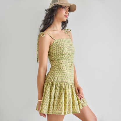 Womens Short Marilyn Dress - Green Prairie Block Print