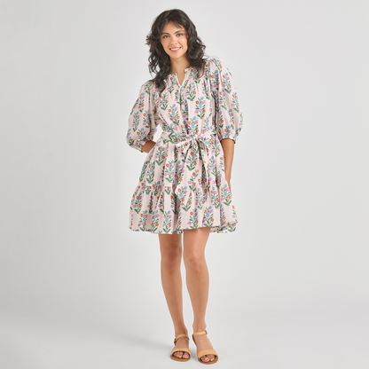 Womens Short Indira Dress - Pink Dewdrop Block Print