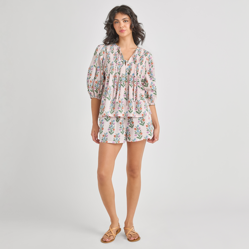 Womens Indira Top - Pink Dewdrop Block Print