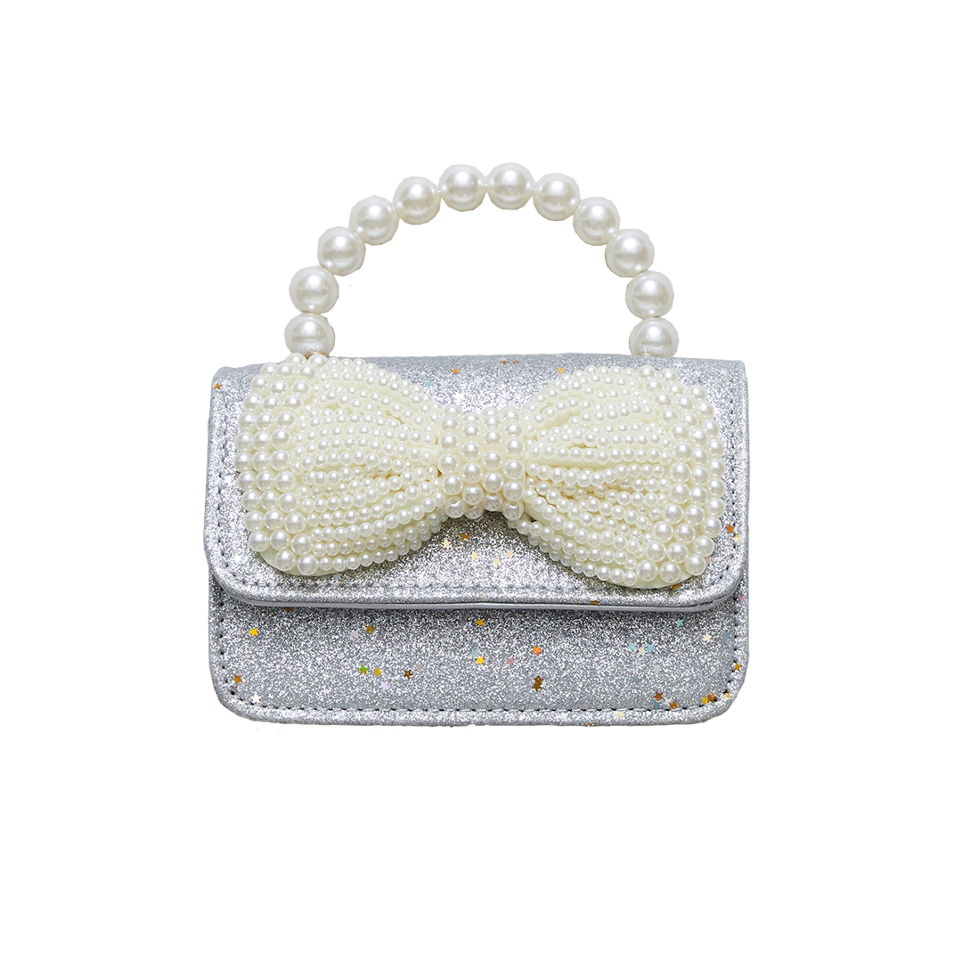 Glitter Pearl Bow Bag - Silver