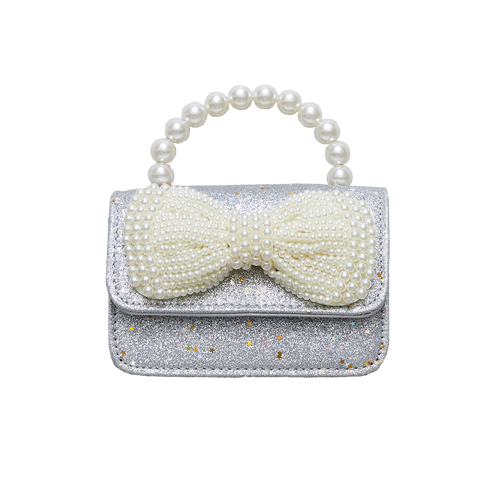 Glitter Pearl Bow Bag - Silver
